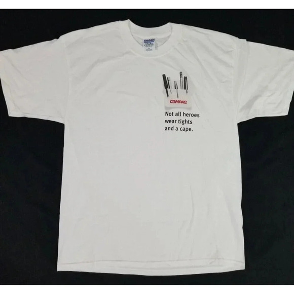 Vintage COMPAQ Computers "Not All Heroes Wear Tights and a Cape" Shirt Men's XL - Picture 1 of 6